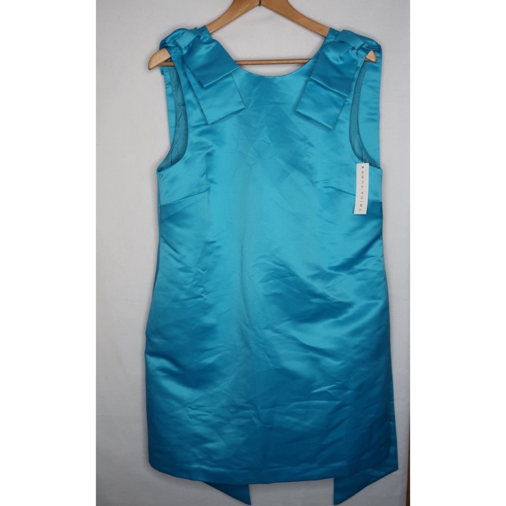 Trina Turk Priscilla Dress Gulfstream Blue Bow Shoulder Satin Cocktail Dress 12 - Picture 4 of 12
